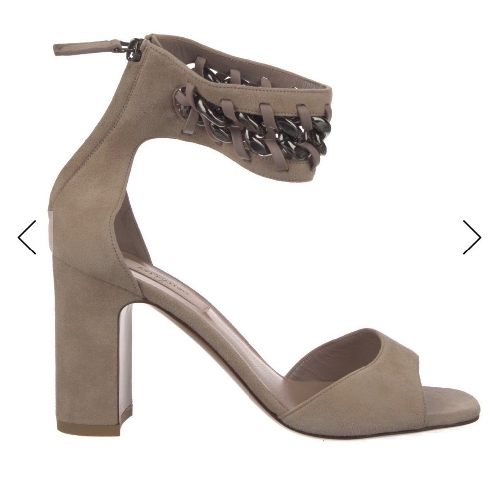 Valentino Garavani Block Heel Sandals Womens 37 Tan Suede Chain Link Ankle Strap
